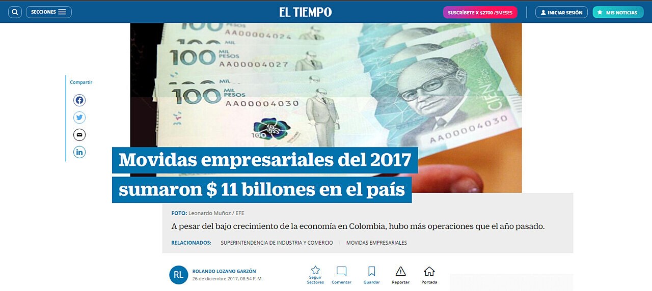 Movidas empresariales del 2017 sumaron $ 11 billones en el pas